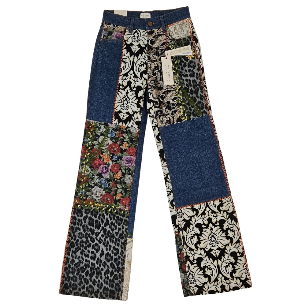 Alice + Olivia Weezy Patchwork Jeans High Rise 25, Lola Blue/Multi NWT 💐🌹